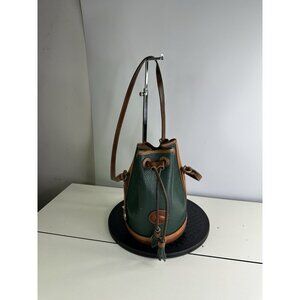 Dooney  & Bourke Green British Tan Trim Drawstring Bucket Pebble Grain Leather